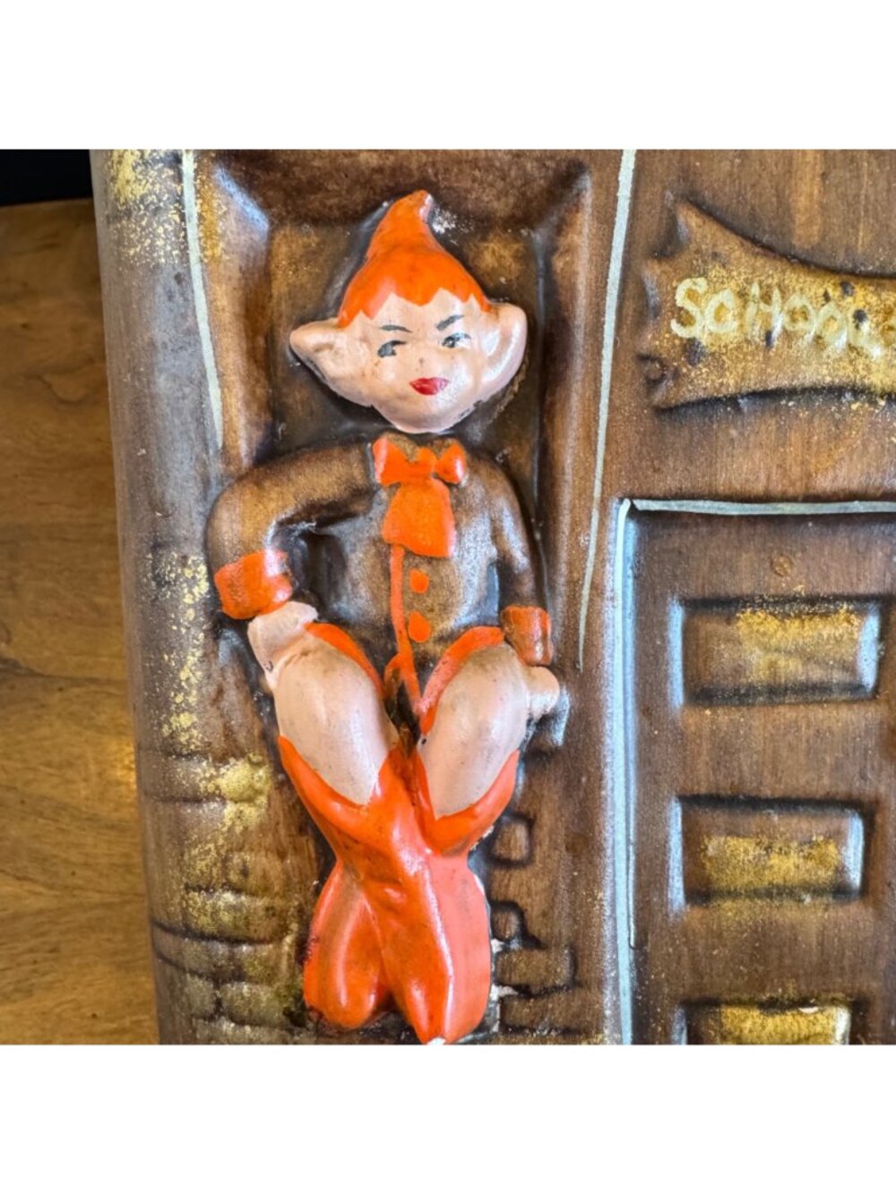 Vintage 1970s Gilner Pixie Elf School House Cottage Cookie Jar Orange Brown - Picture 13 of 16